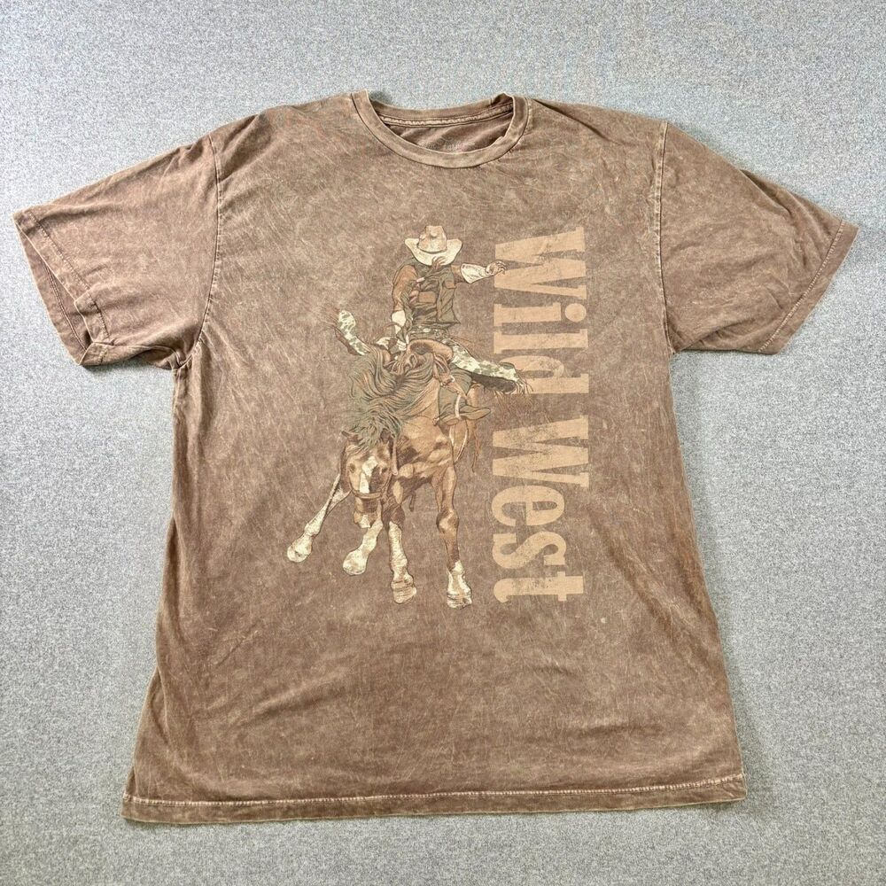 Lotus Fashion Large Wild West Graphic T-Shirt Brown Acid Wash Cowboy Rodeo Tee